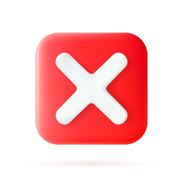 Cancel cross icon isolated over white background. 3D rendering. Red cross check mark icon button and no or wrong symbol on reject cancel sign button. Vector illustration