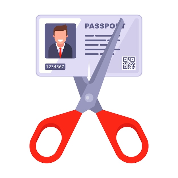 Cancel the identity document. cut the paper with scissors. flat vector illustration.