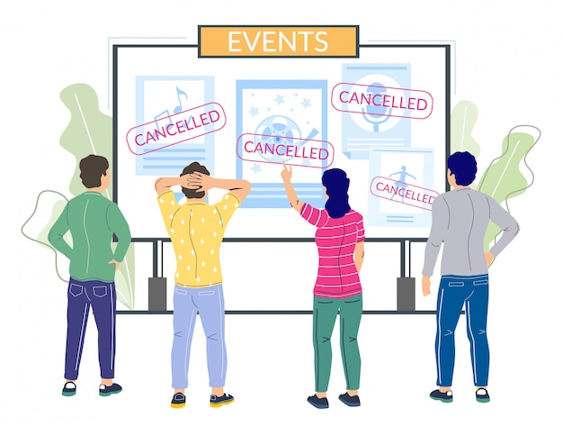 Cancelled events due to corona virus pandemic,   flat illustration