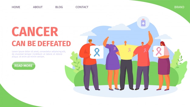 Cancer can de defeated landing   illustration. group people, man woman, holding symbol fight against cancer. sick characters