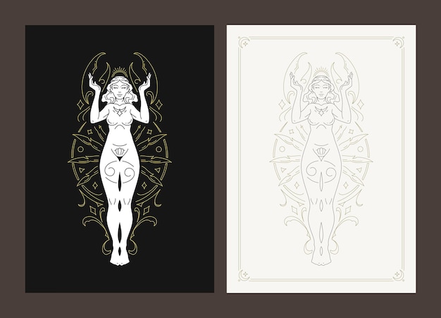 Cancer woman goddess mythology zodiac symbol line art deco poster design set vector illustration