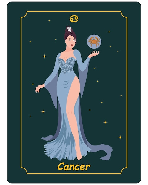 Cancer zodiac sign a beautiful magical woman in a blue dress and a sphere with cancer