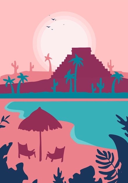 Cancun vlakke afbeelding cancun lijntekening moderne stijl cancun stad illustratie hand geschetst pos