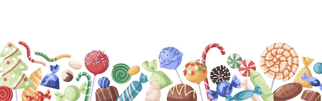 Вектор Дизайн границы конфет. горизонтальный узор сладостей с леденцами, конфетами, сахарным тростником и леденцами. новогоднее кондитерское украшение. цветная плоская векторная иллюстрация на белом фоне