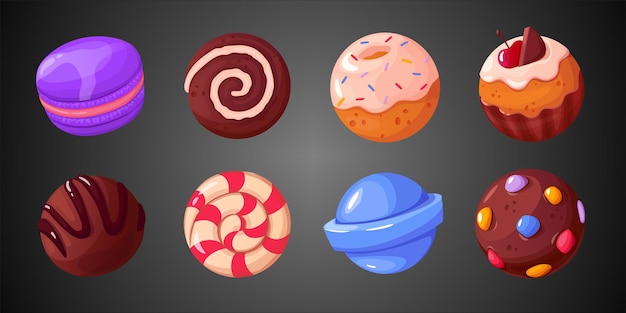 Candies and cakes game cartoon vector set user interface elements