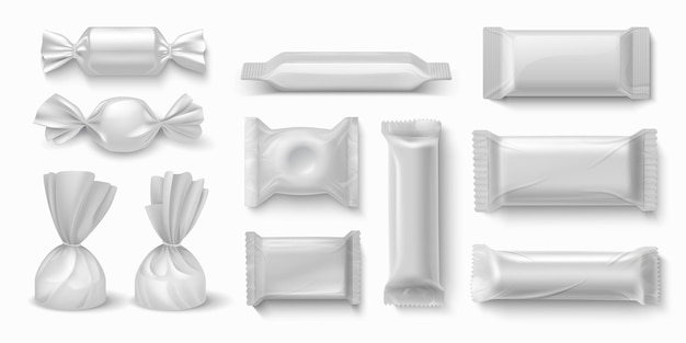 Пакет конфет. реалистичные пустые белые макеты упаковки сладких продуктов для брендинга. векторное изображение 3d изолированных карамельные конфеты и пластиковая упаковка шоколадных батончиков