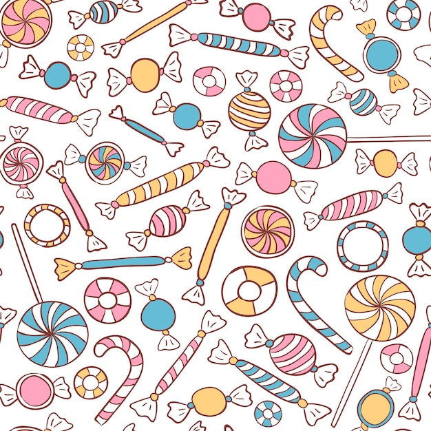 Candies Seamless Pattern Hand Drawn. Sweets Vector Background