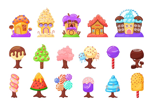 Candies in shape of trees or houses vector illustrations set. fantasy land caramel and chocolate desserts, cupcakes, biscuits, ice cream, lollipop. fantasy, sweet food concept for menu or game design