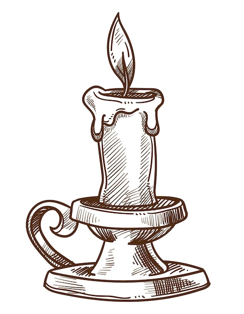 Vector candle and candlestick retro interior decor and light device isolated sketch