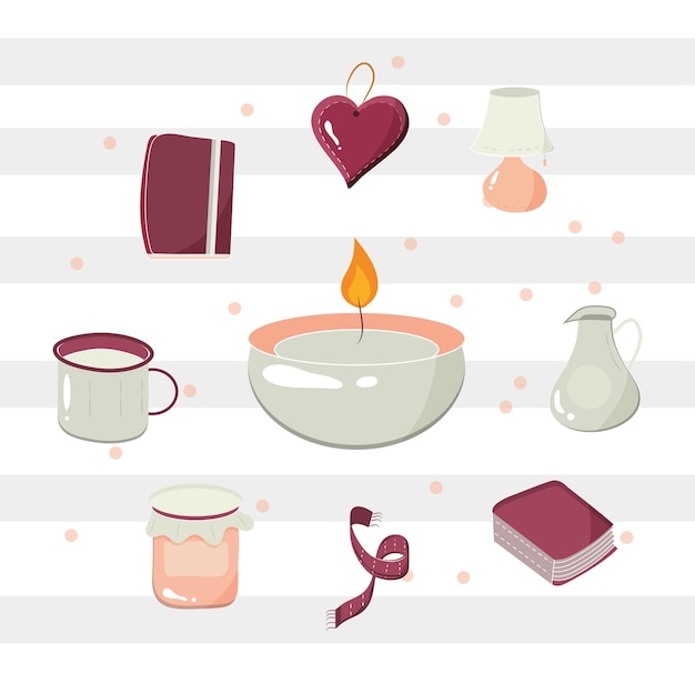 Vector candle,coffee cup, heart, book, scarf, jam jar, tea pot and ribbon