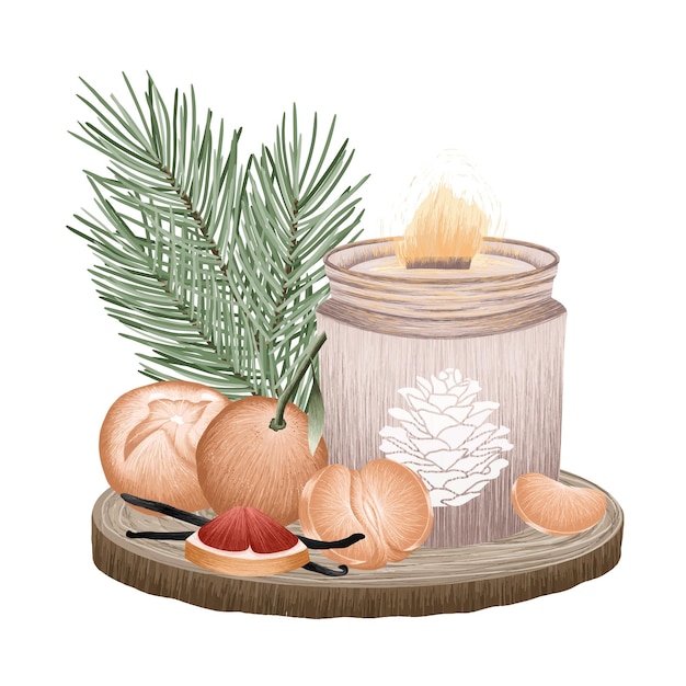 Candle composition with tangerine and vanilla. all details is separate. vector art