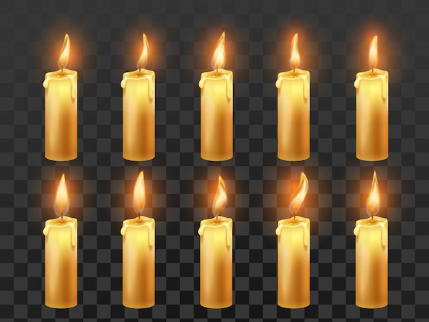 Vector candle fire animation. burning orange wax candles with flame isolated realistic set