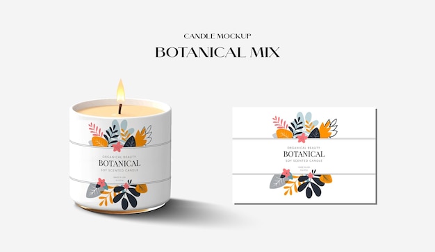 Modello mockup candela mix botanico di foglie ed erbe sull'etichetta