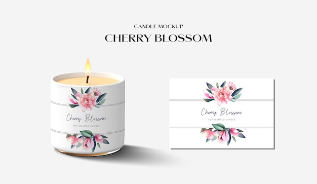 Vector candle mockup template cherry blossom label