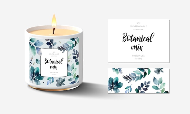 Vector candle mockup template green leaves and herbs botanical mix label