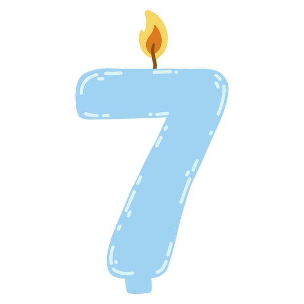 Vector candle number seven in flat style hand drawn vector illustration of 7 symbol burning candle design element for birthday cakes