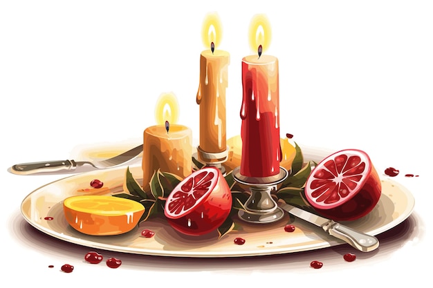 Vector candle with fruits watercolor vector art illustration christmas candle red xmas ball background