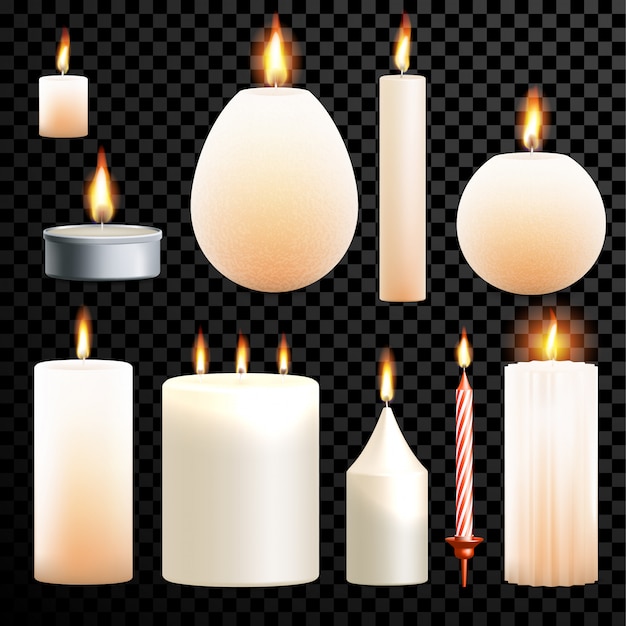 Vector candles 3d realistic set flame burning transparent background