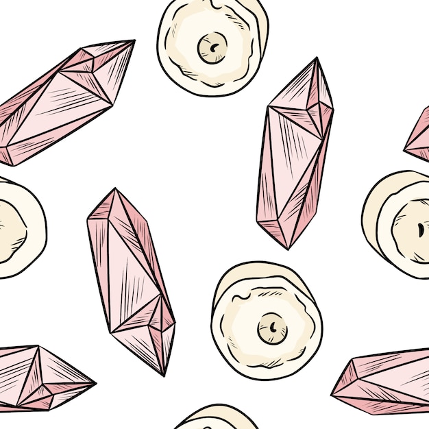 Свечи и розовый кристалл кварца в стиле комиксов набрасывает вид сверху бесшовные модели.