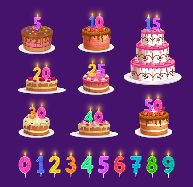 向量的蜡烛在生日蛋糕上数字时代,庆功宴图标。生日蛋糕和条纹蜡烛用火照明红色,蓝色,橙色黄色和绿色,烛光纪念日