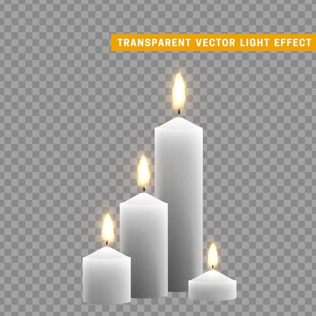 Candles burn with fire realistic. Set isolated on transparent background. Element for design decor, vector illustration