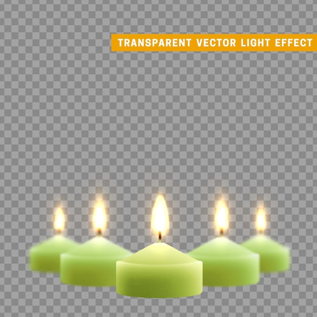 Candles burn with fire realistic. Set isolated on transparent background. Element for design decor, vector illustration