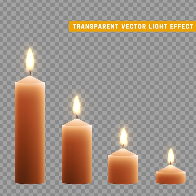 Candles burn with fire realistic. Set isolated on transparent background. Element for design decor, vector illustration