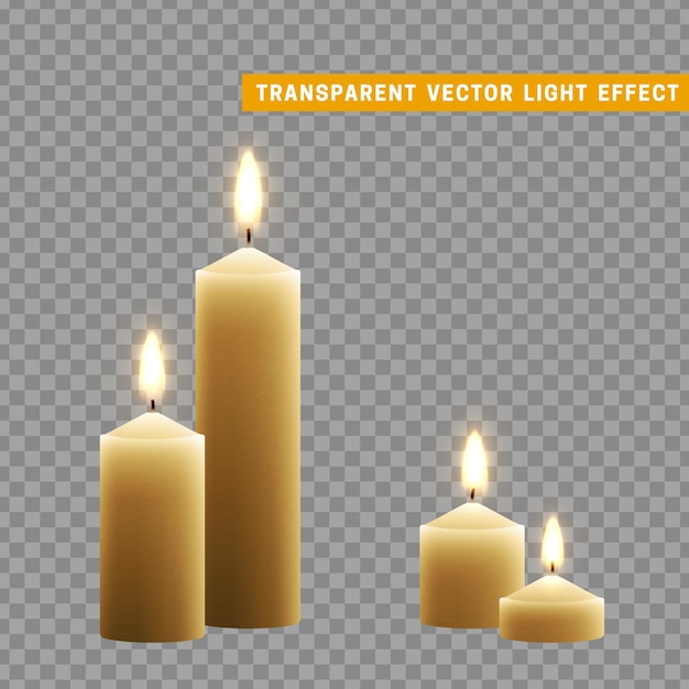 Свечи горят огнем. набор парафиновых свечей реалистично изолирован на прозрачном фоне. элемент декора дизайна, векторная иллюстрация