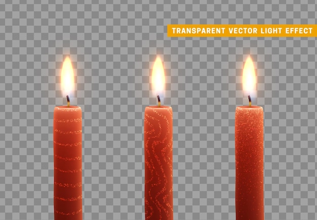 Свечи горят огнем. Набор парафиновых 3d свечей реалистично изолирован на прозрачном фоне. Элемент дизайнерского декора. векторная иллюстрация