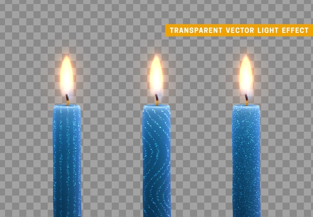 Candles burn with fire. Set of paraffin 3d candles realistic isolated on transparent background. Element for design decor. vector illustration