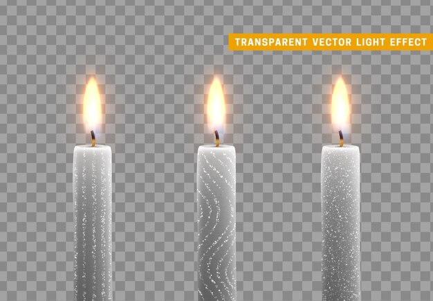 Candles burn with fire. Set of paraffin 3d candles realistic isolated on transparent background. Element for design decor. vector illustration