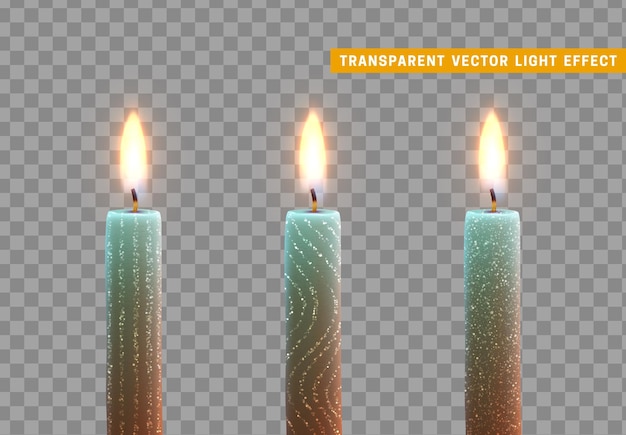 Свечи горят огнем. Набор парафиновых свечей реалистично изолирован на прозрачном фоне. Элемент декора дизайна, векторная иллюстрация