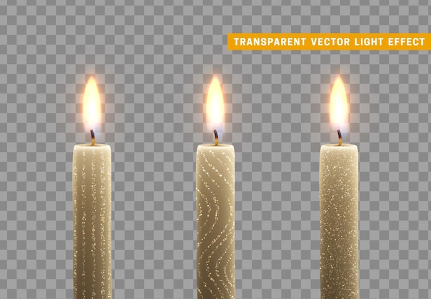 Le candele bruciano con il fuoco. set di candele di paraffina realistiche isolate su sfondo trasparente. elemento per arredamento di design, illustrazione vettoriale