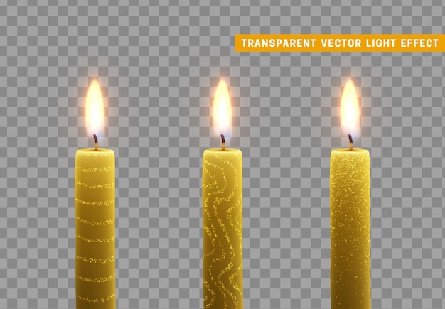 Candles burn with fire. Set of paraffin candles realistic isolated on transparent background. Element for design decor, vector illustration