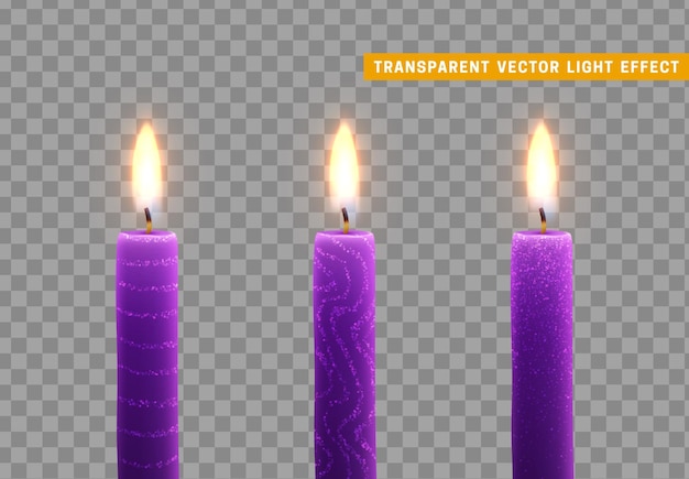 Candles burn with fire. Set of paraffin candles realistic isolated on transparent background. Element for design decor, vector illustration