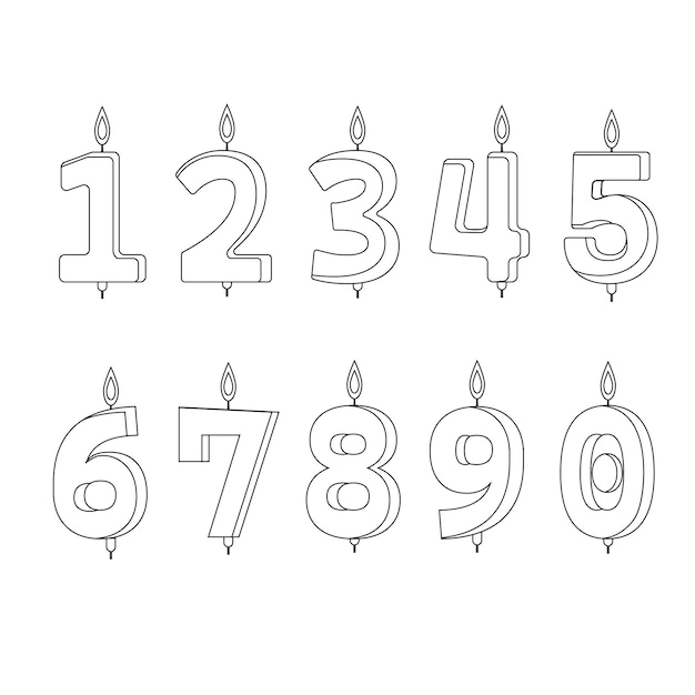 Candles for cake with the number of ages numbers outline