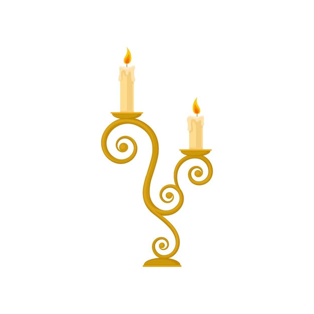 Candles in a candlestick curve vintage golden candle holder vector Illustration isolated on a white background