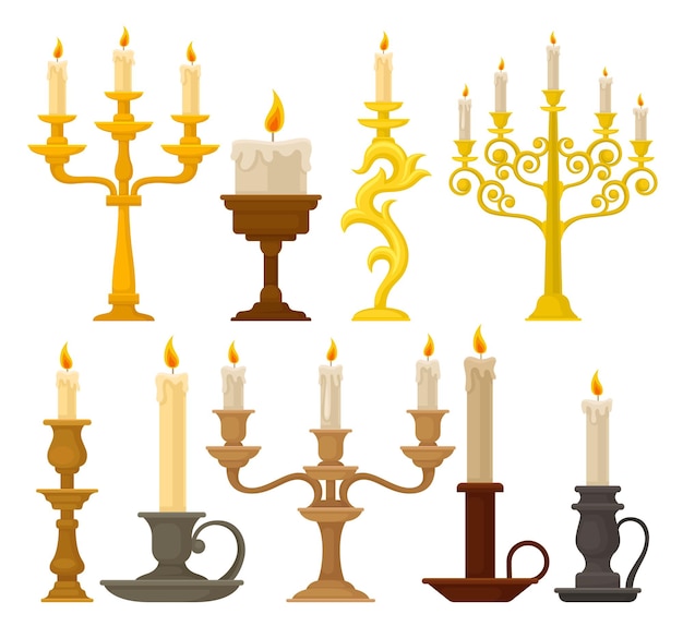 Vector candles in candlesticks set vintage candle holders and candelabrums vector illustration isolated on a white background