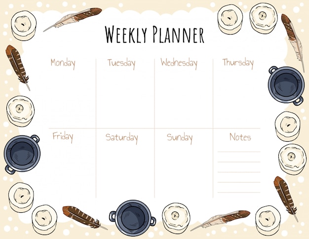 Candles, feathers and cauldrons ornament for weekly planner