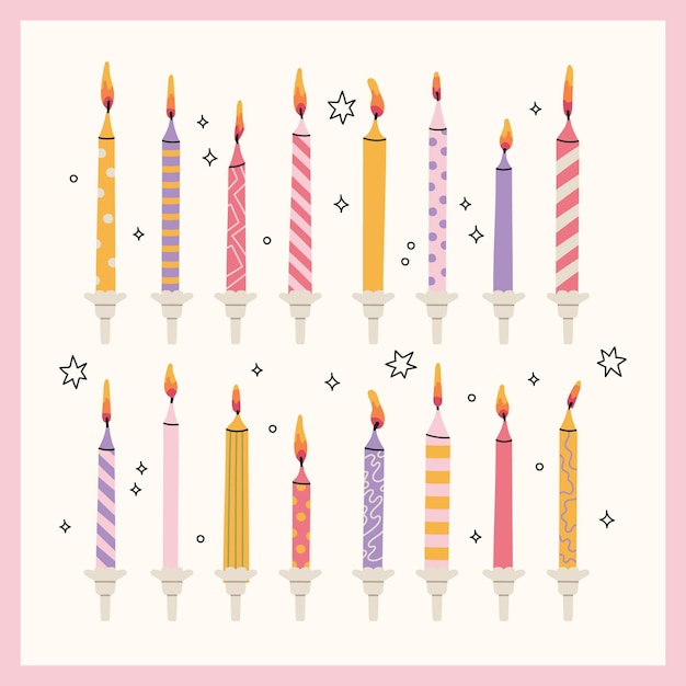 벡터 케이크용 양초. 케이크 장식을 위한 다채로운 휴일 촛불입니다. 휴일 배너, 포스터, 카드
