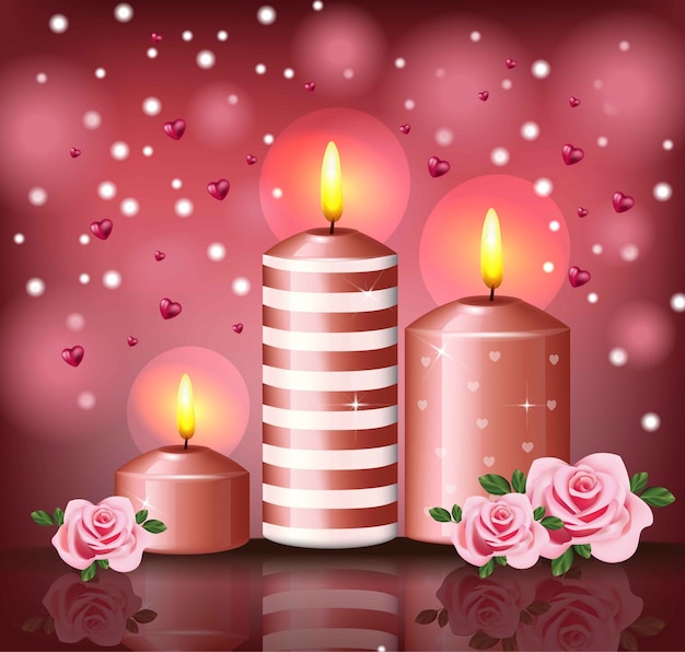 Candles and hearts romantic background.