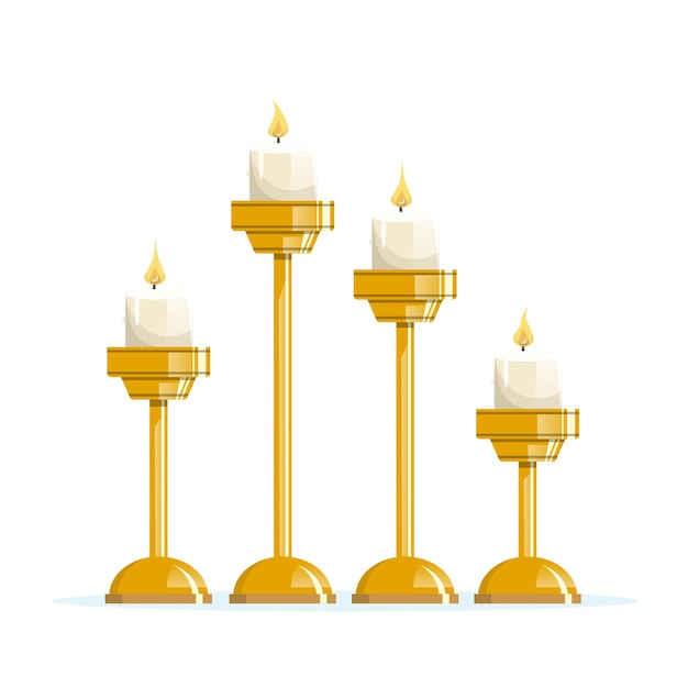 Vector candles placed on different heights of golden candlesticks