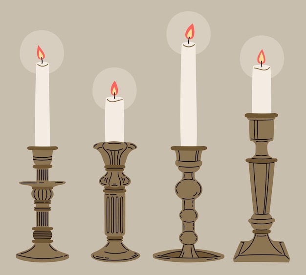 Vector candles in vintage candelabrum and candlesticks vector illustration set