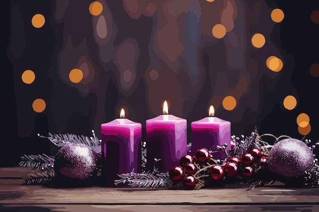 Vector candles with christmas balls in atmospheric light christmas wreath with burning candles