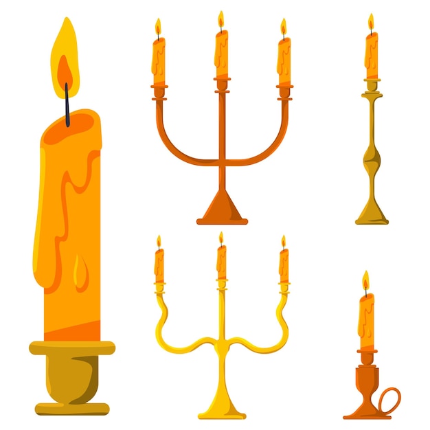 Candlestick holders with burning fire vector cartoon set isolated on a white background.