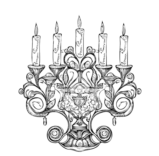 Candlestick with candles chandelier hand drawn sketch Vector illustration.