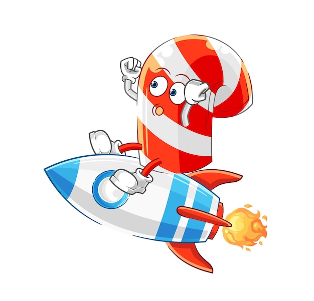 Candy cane ride a rocket cartoon mascot vector