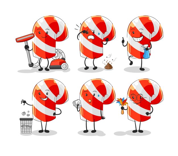 Candy cane schoonmaak groep karakter cartoon mascotte vector