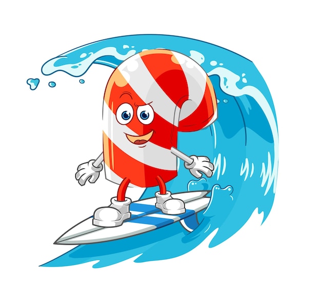 Candy cane surfen karakter cartoon mascotte vector