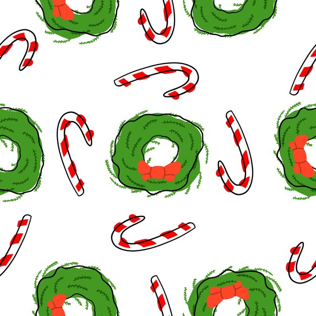 Candy cane and wreath seamless pattern in cartoon flat style